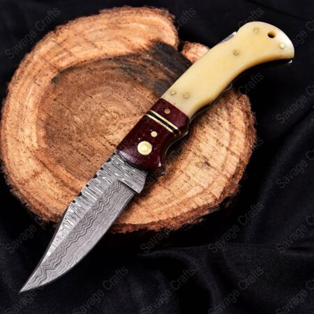 8″ Damascus Steel Folding/Pocket Knife – Bone & Micarta