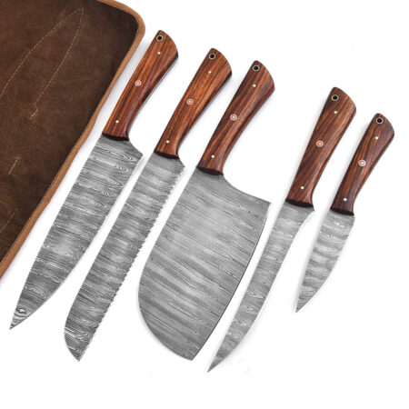 Set of 5 – Damascus Steel Chef Knife Set – Wood handle