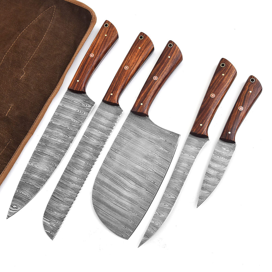 Set of 5 – Damascus Steel Chef Knife Set – Wood handle