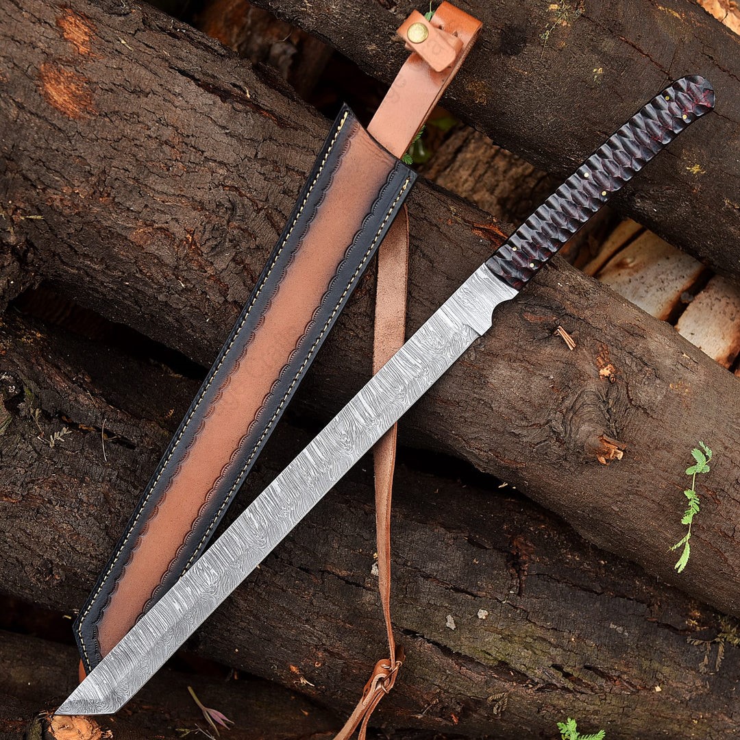 22.5" Damascus Steel Blade Katana Short Sword - Micarta handle