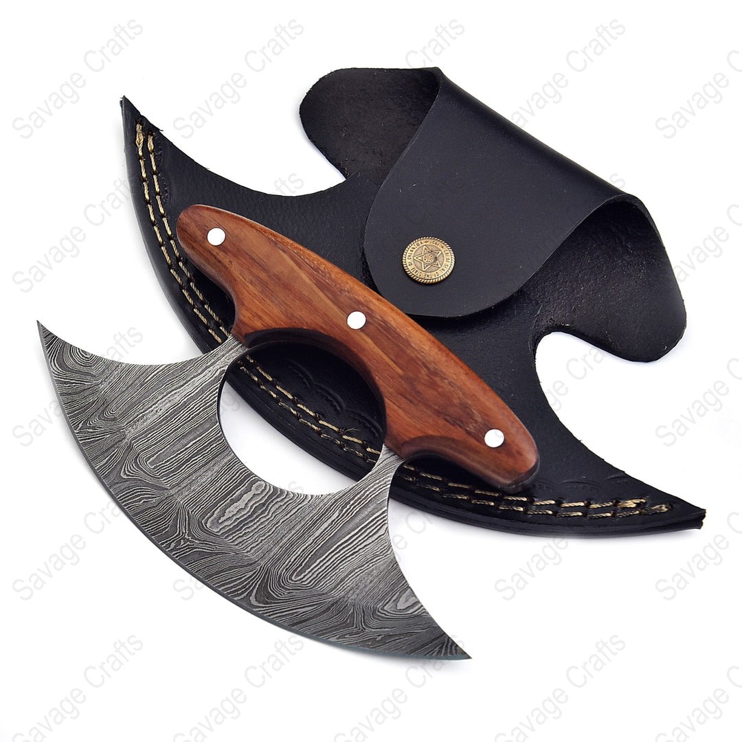 6" Damascus Steel Ulu Knife - Wood handle