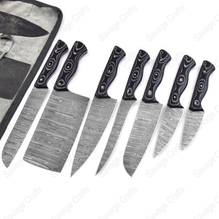 Set of 7- Damascus Steel Chef Knife Set - Micarta handle