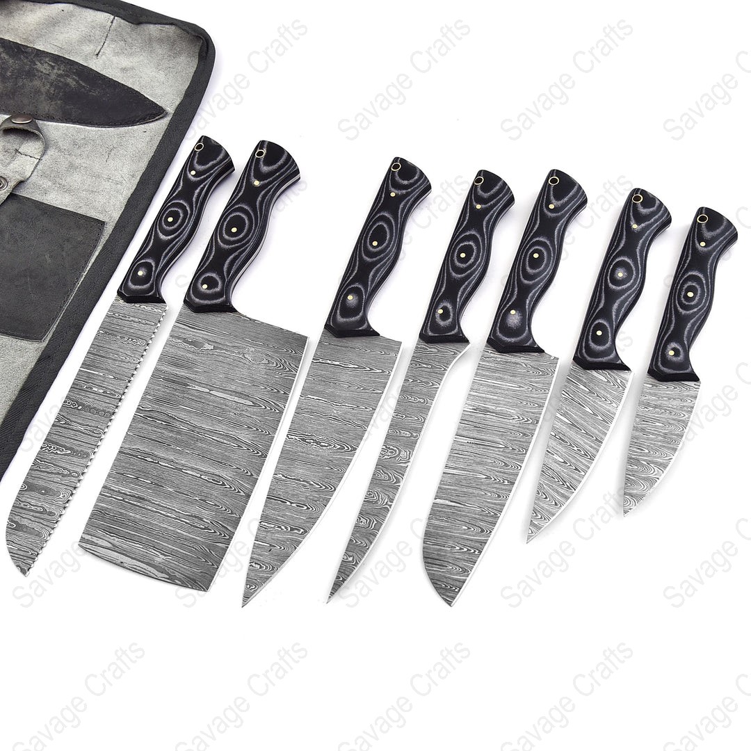 Set of 7- Damascus Steel Chef Knife Set - Micarta handle