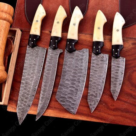 Set of 5 – Damascus Steel Chef Knife Set – Bone & Micarta