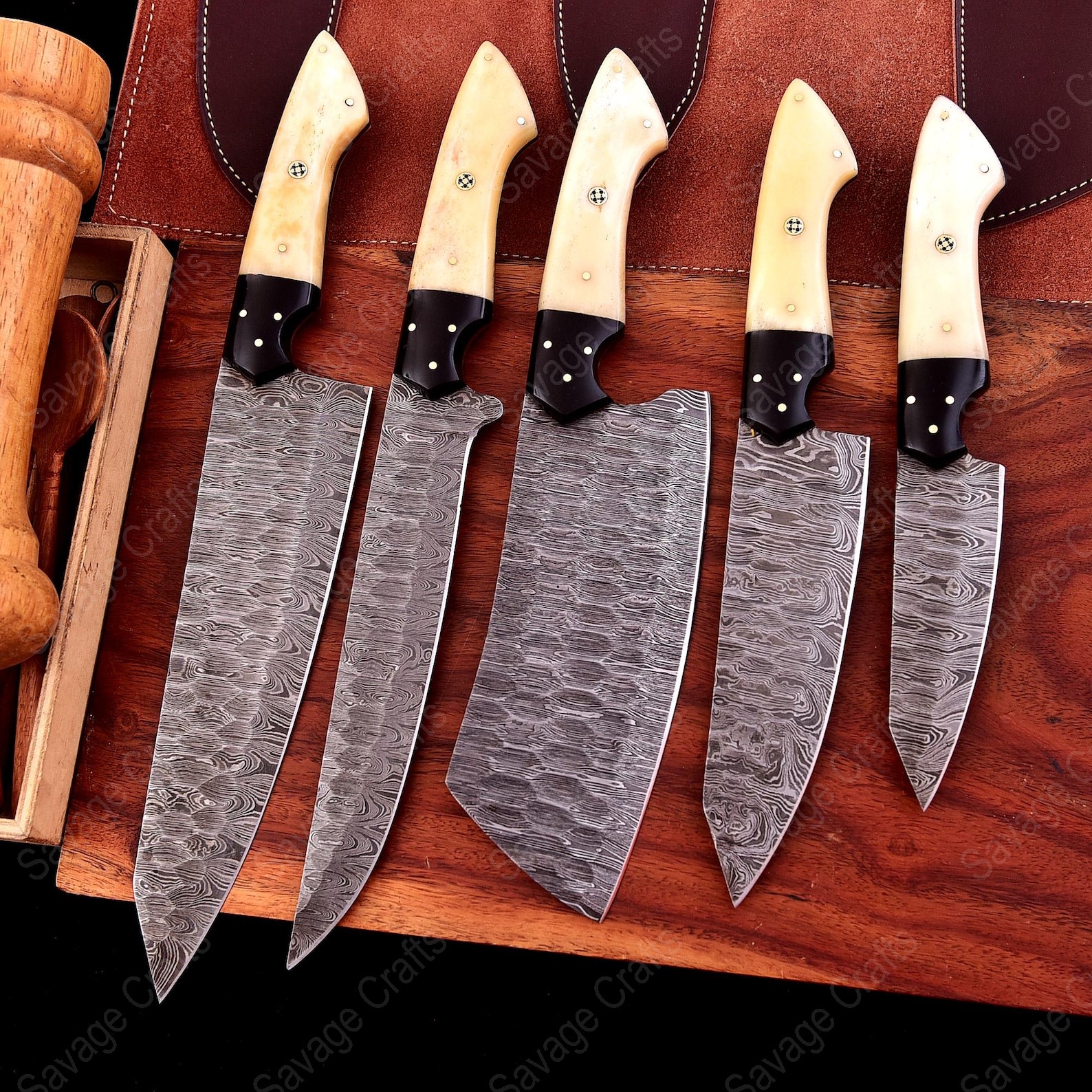 Set of 5 – Damascus Steel Chef Knife Set – Bone & Micarta