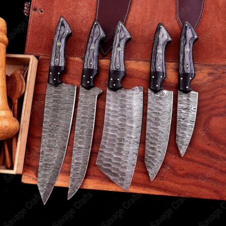 Set of 5 – Damascus Steel Chef Knife Set – Wood & Micarta