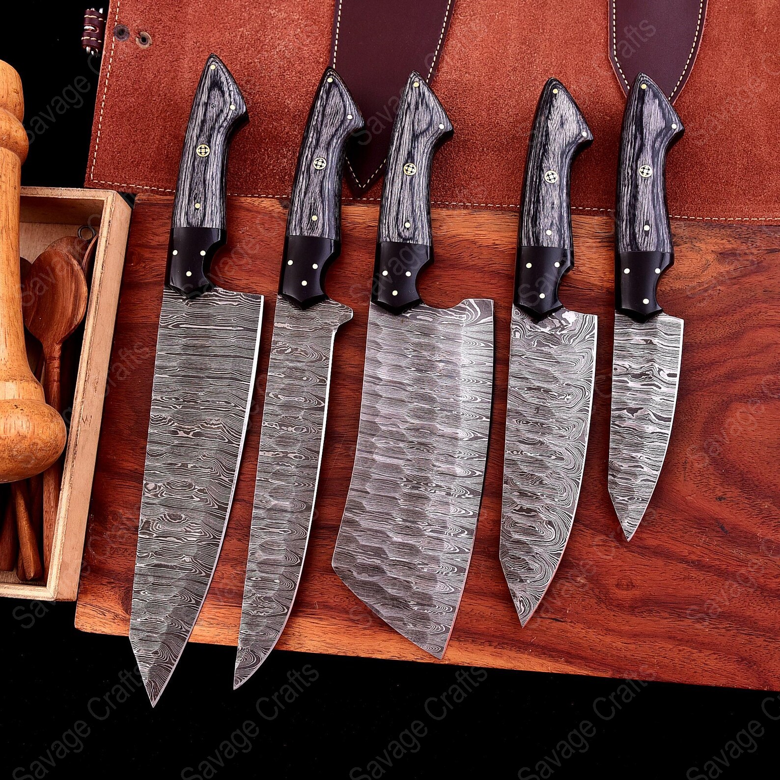 Set of 5 – Damascus Steel Chef Knife Set – Wood & Micarta