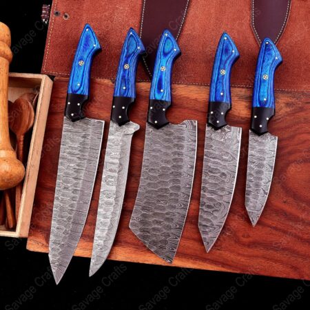 Set of 5 – Damascus Steel Chef Knife Set – Wood & Micarta