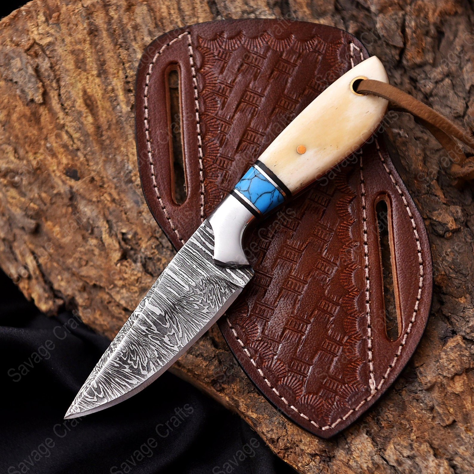 6″ Damascus Steel Cowboy Knife – Bone Handle
