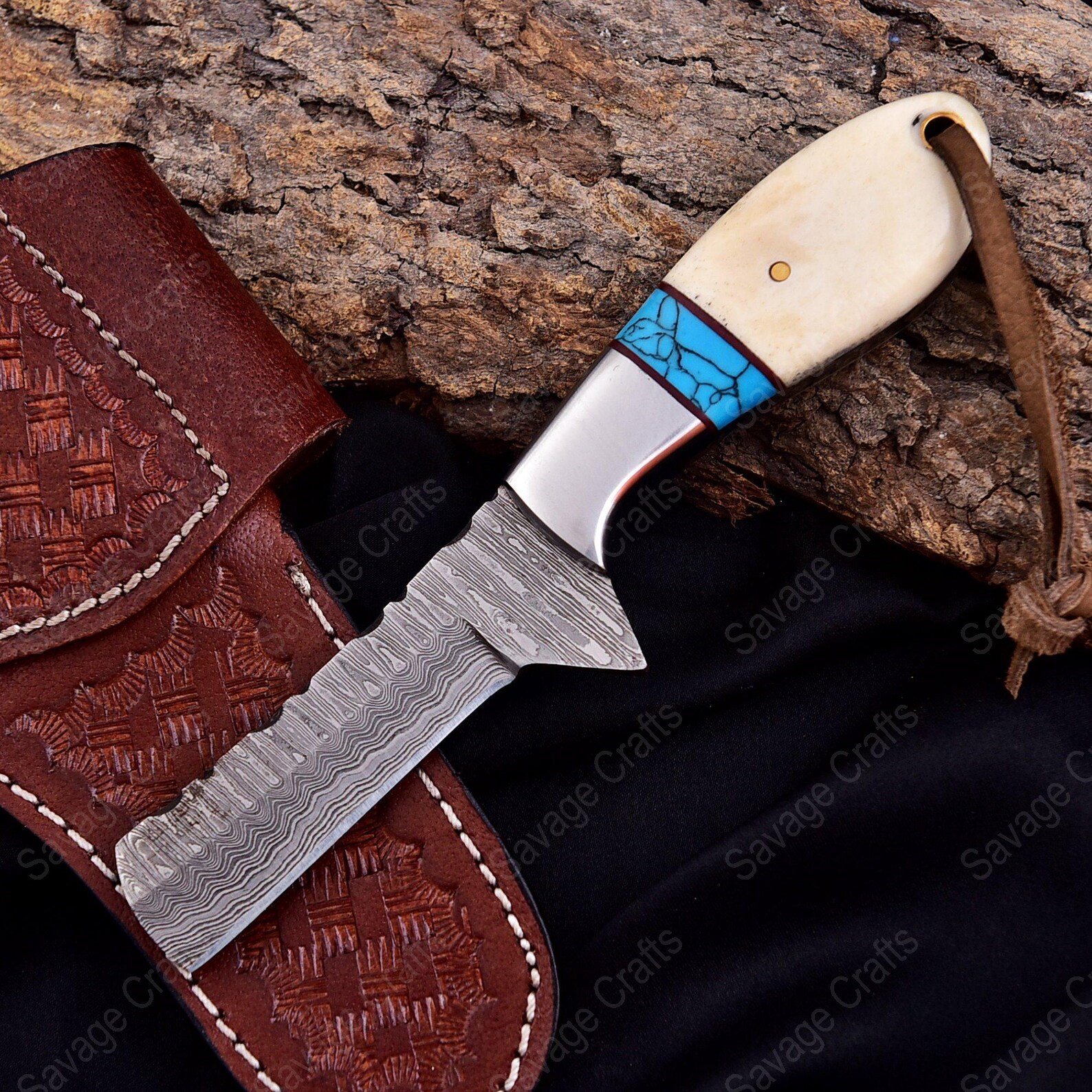 7″ Damascus Steel Bull Cutter Knife – Bone Handle