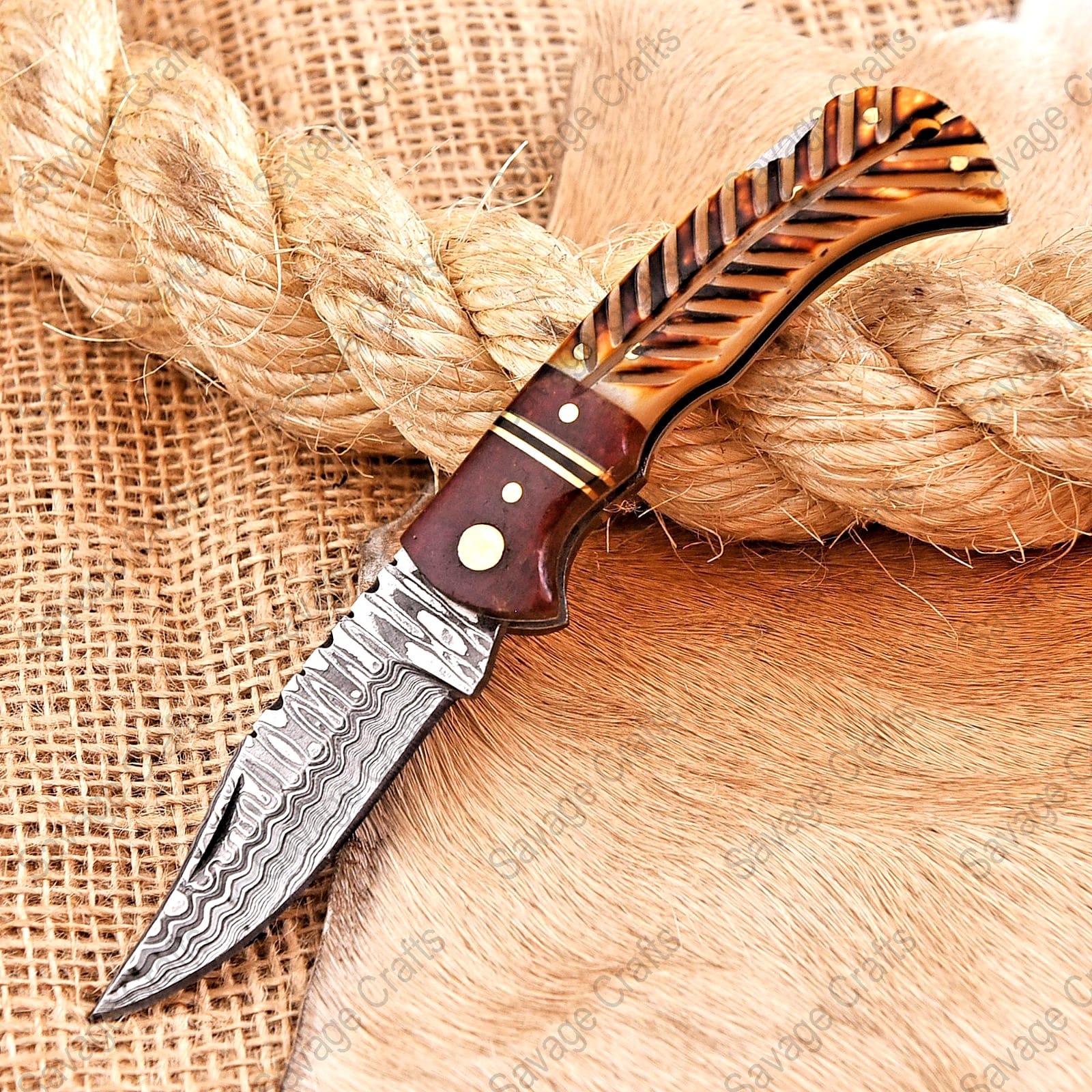 6.5″ Damascus Steel Folding/Pocket Knife – Bone & Micarta