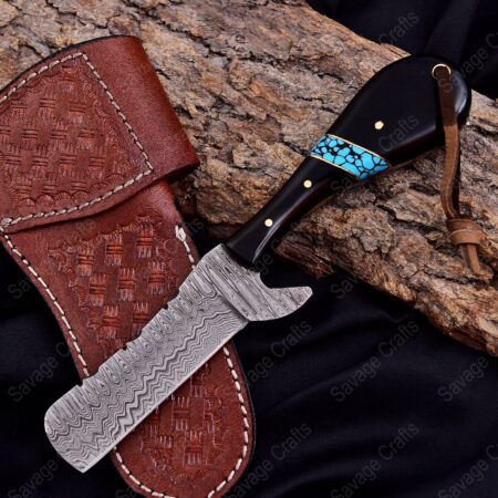 7″ Damascus Steel Bull Cutter Knife – Horn Handle