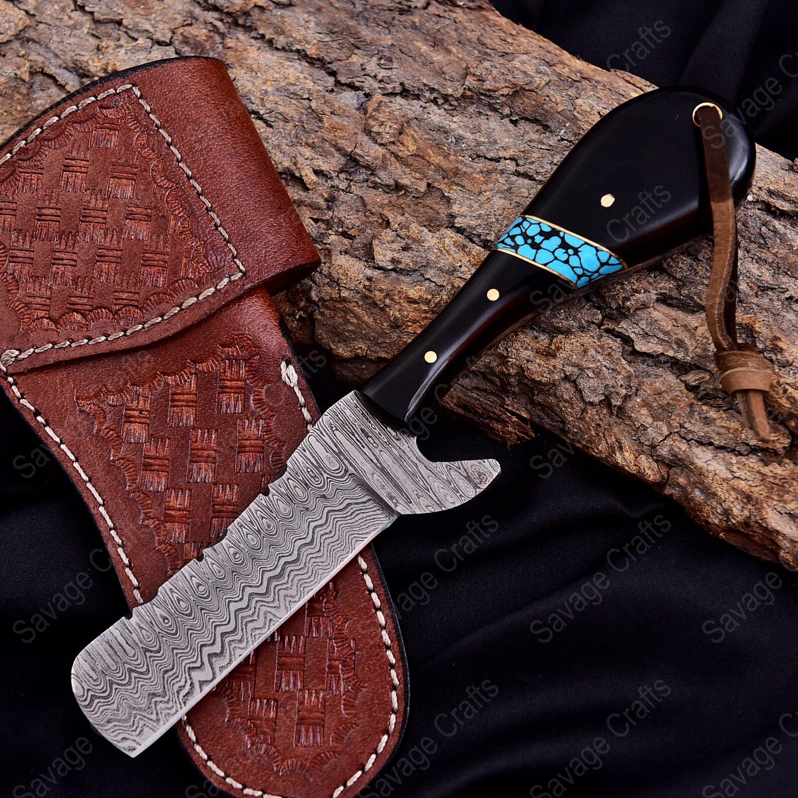 7″ Damascus Steel Bull Cutter Knife – Horn Handle