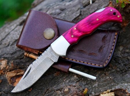 6.5″ Damascus Steel Folding/Pocket Knife – Wood Handle