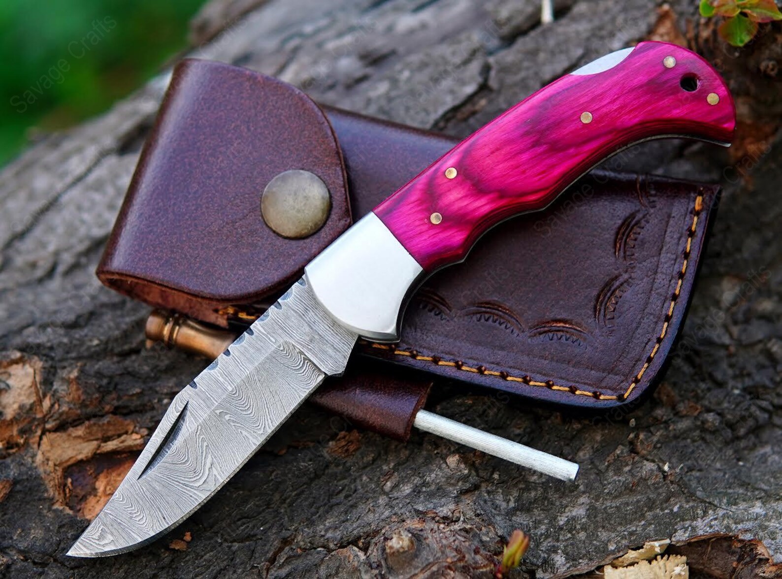 6.5″ Damascus Steel Folding/Pocket Knife – Wood Handle