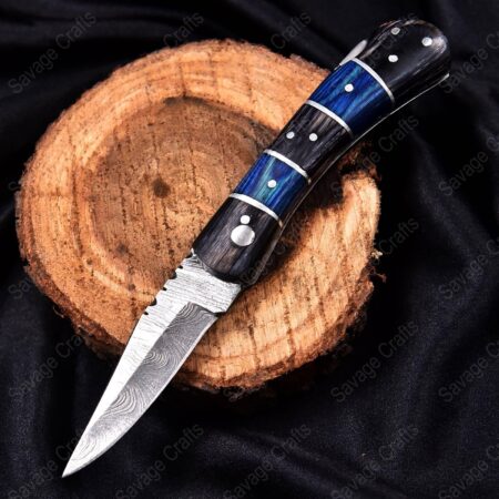 7.5″ Damascus Steel Folding/Pocket Knife – Wood handle