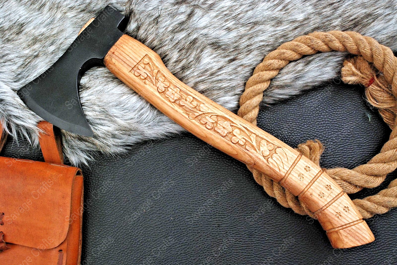 17″ Black Oxide Carbon Steel Axe – Engraved Wood Handle