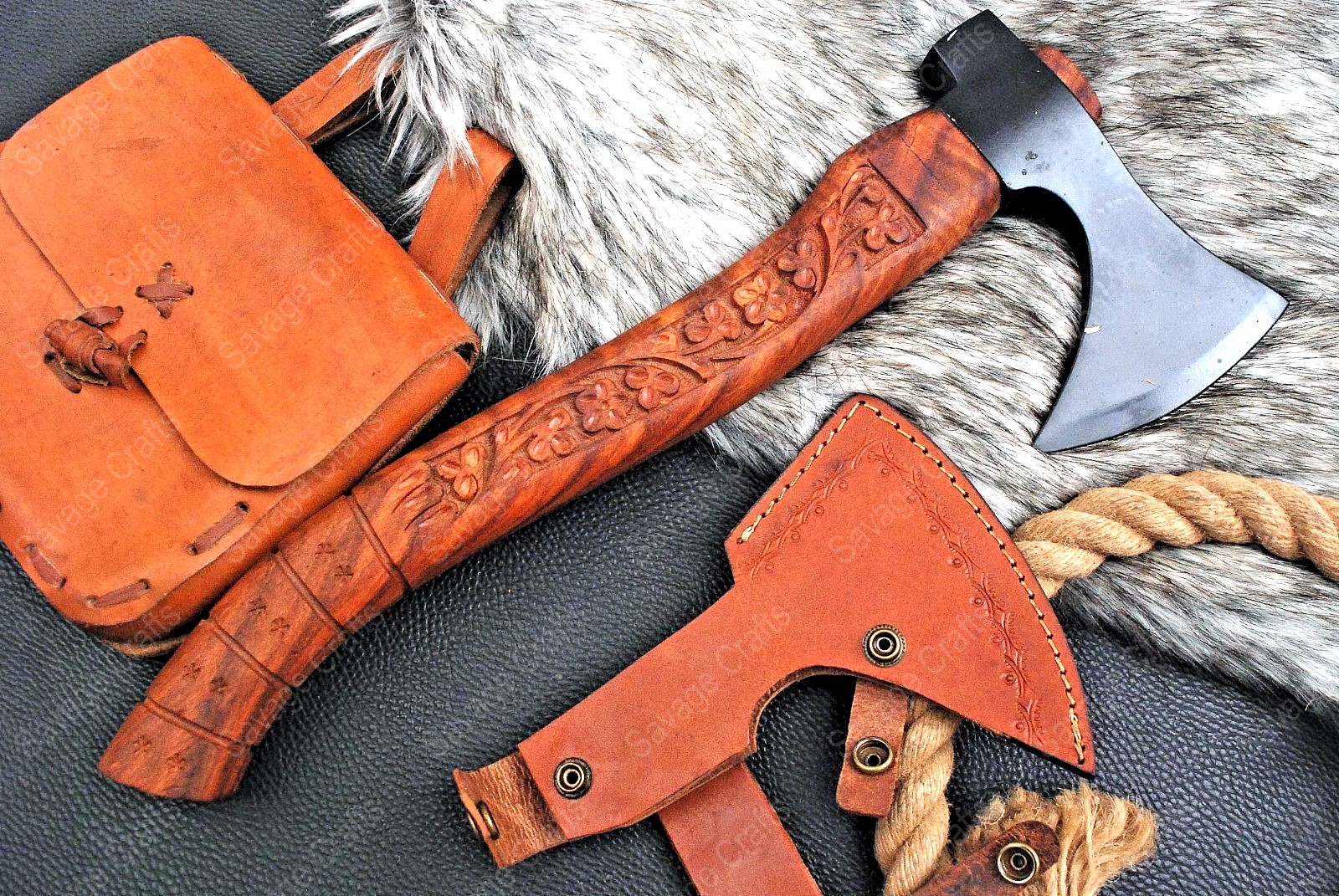 16″ Black Oxide Carbon Steel Axe – Engraved Wood Handle