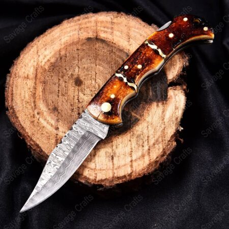 6.5″ Damascus Steel Folding/Pocket Knife – Burnt Bone
