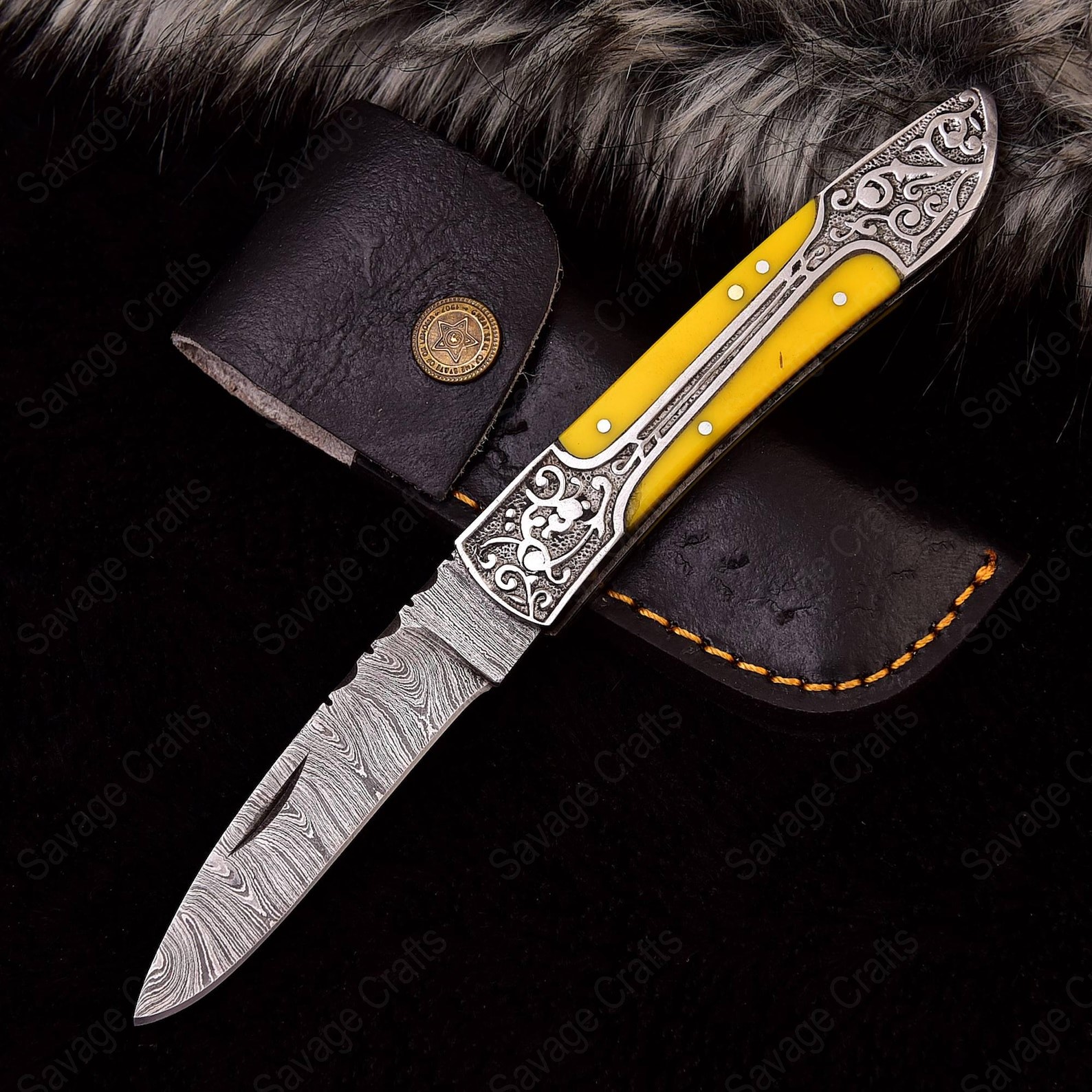 7″ Damascus Steel Folding/Pocket Knife – Resin Handle