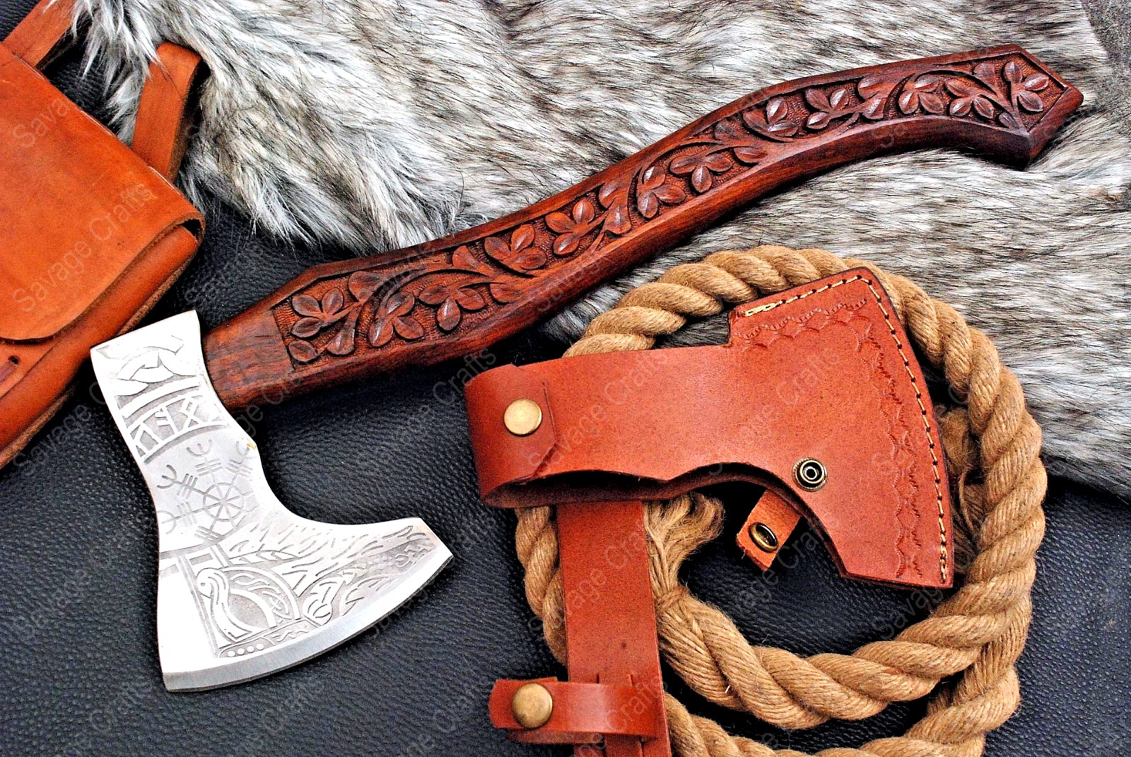 16″ Etched Carbon Steel Axe – Engraved Wood Handle