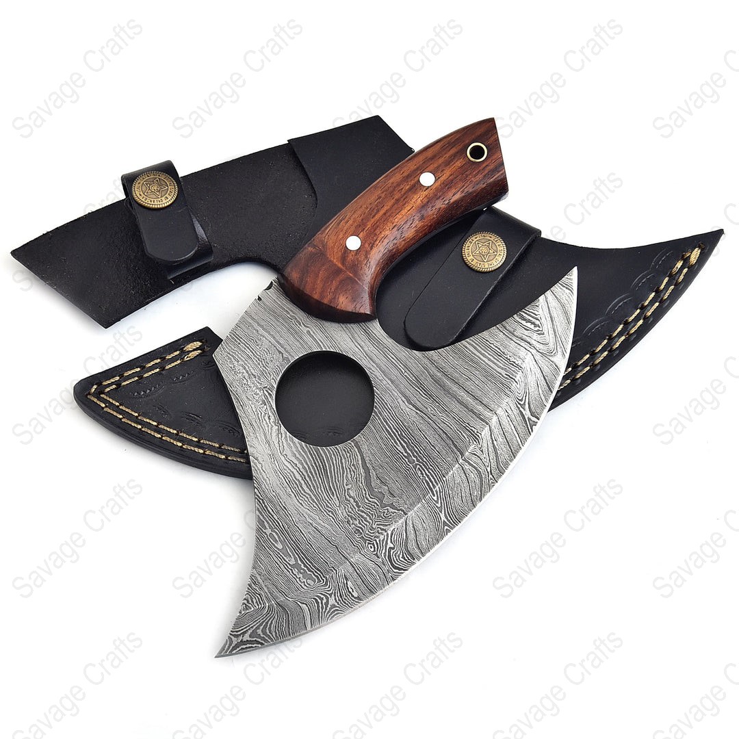 6″ Damascus Steel Alaskan-Style Ulu Knife - Wood handle
