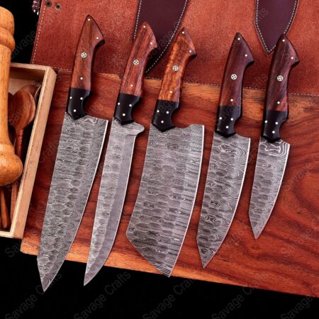 Set of 5 – Damascus Steel Chef Knife Set – Wood & Micarta