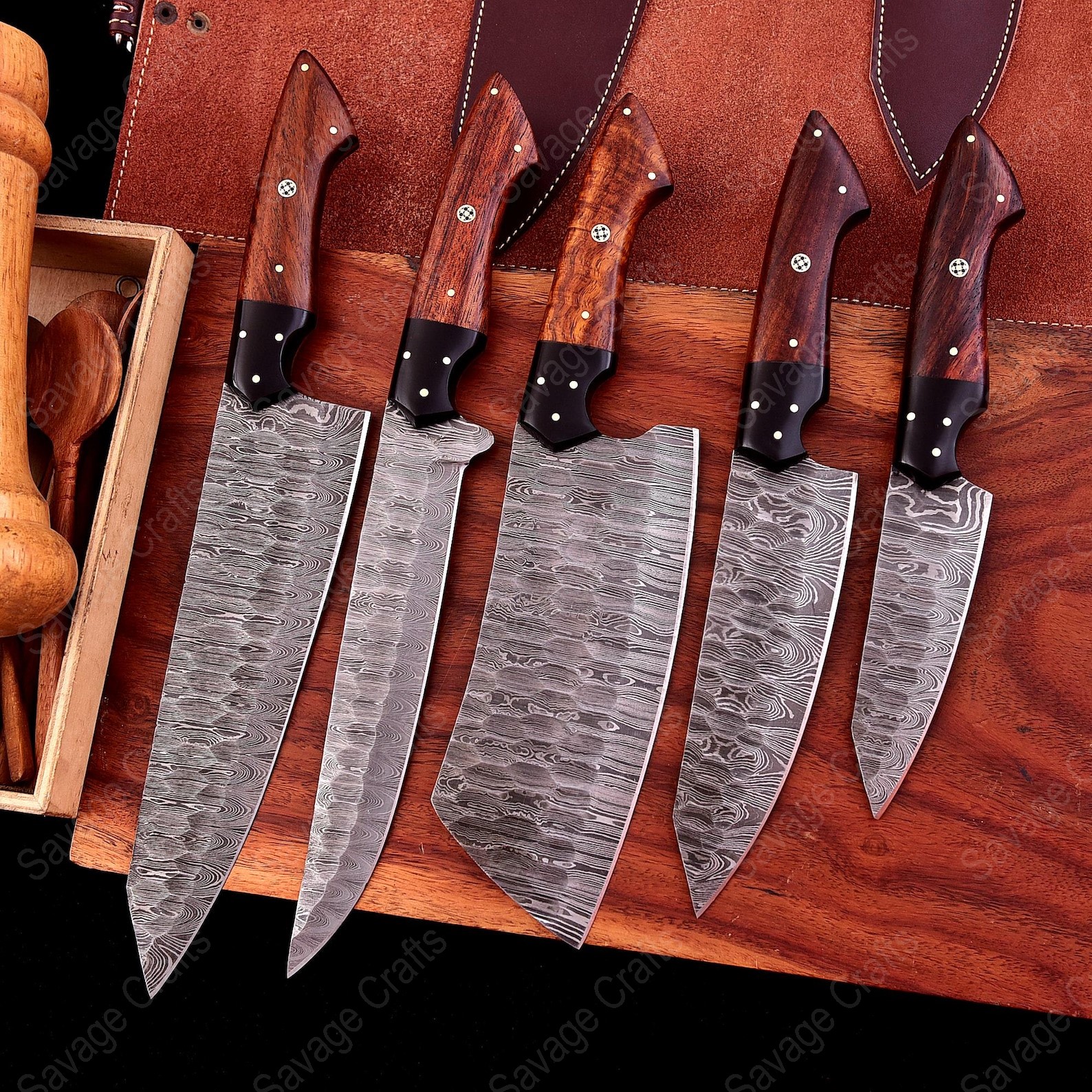 Set of 5 – Damascus Steel Chef Knife Set – Wood & Micarta