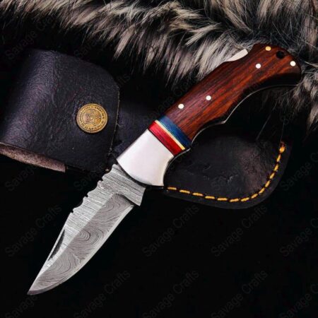 6.5″ Damascus Steel Folding/Pocket Knife – Wood Handle