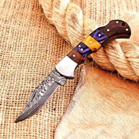 6.5″ Damascus Steel Folding/Pocket Knife – Wood Handle