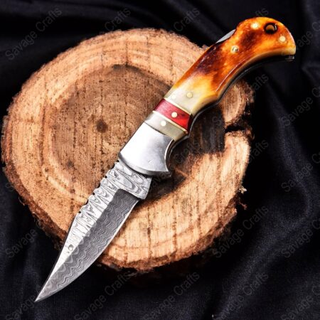 6.5″ Damascus Steel Folding/Pocket Knife – Burnt Bone