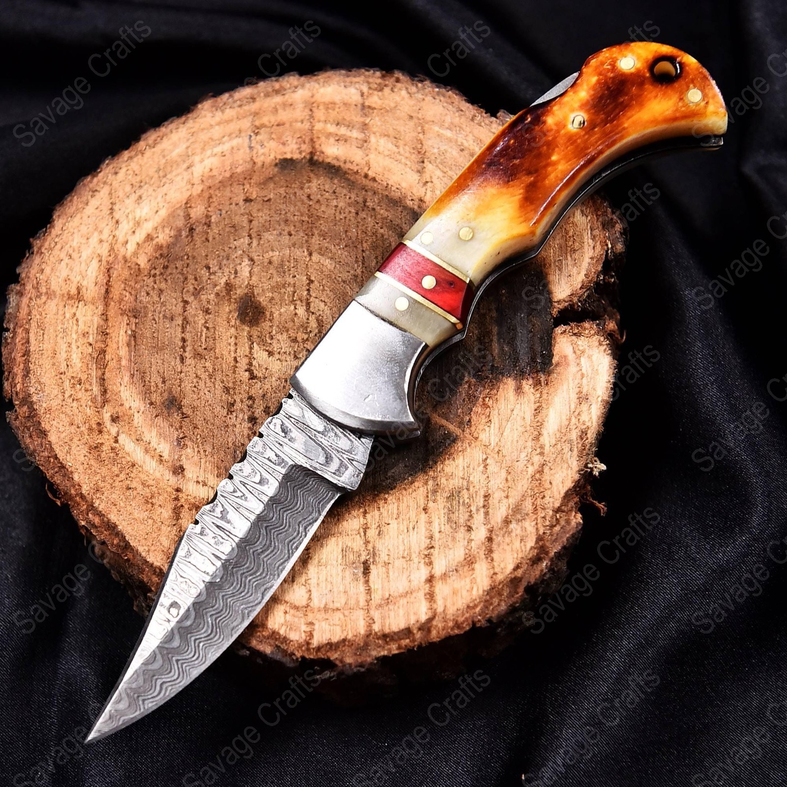 6.5″ Damascus Steel Folding/Pocket Knife – Burnt Bone