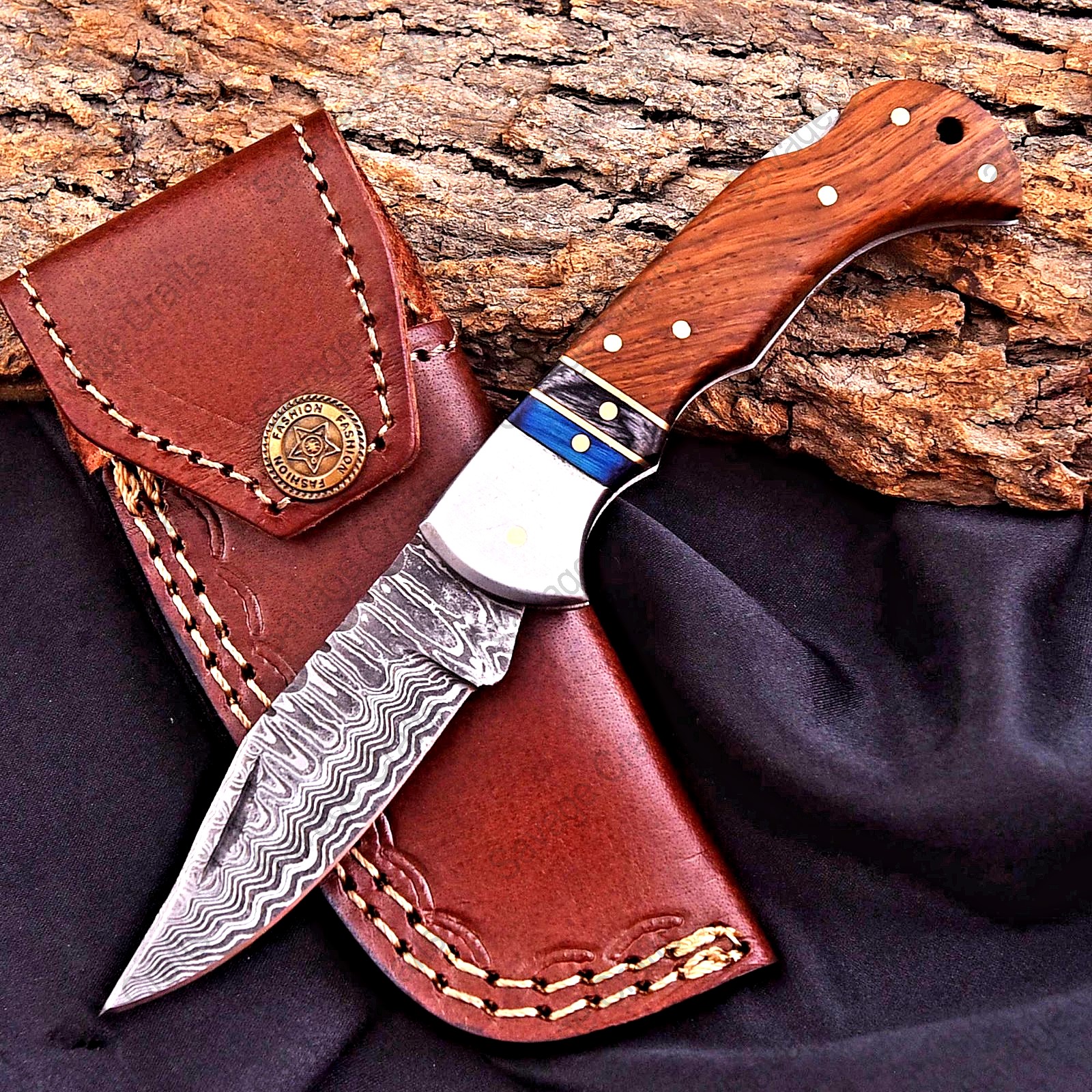 6.5″ Damascus Steel Folding/Pocket Knife – Wood Handle