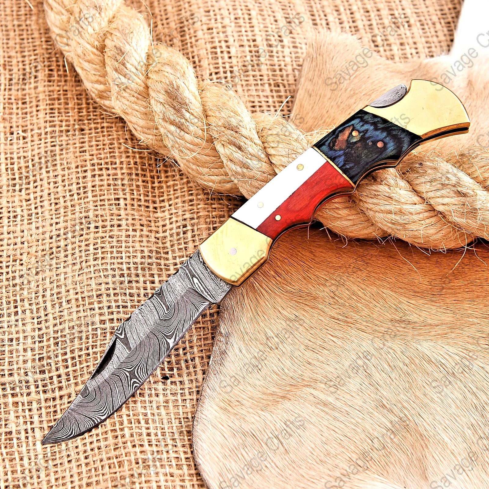 8.25″ Damascus Steel Folding/Pocket Knife – Bone & Wood