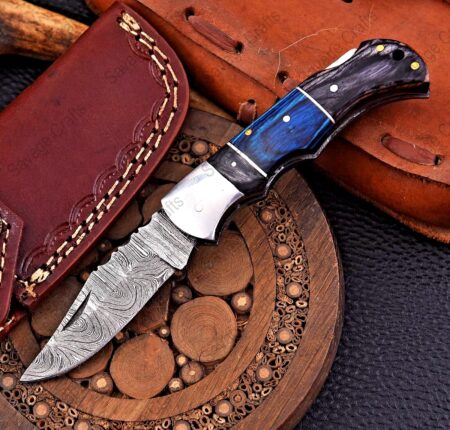 6.5″ Damascus Steel Folding/Pocket Knife – Wood Handle
