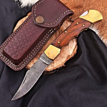 8.25″ Damascus Steel Folding/Pocket Knife – Wood Handle