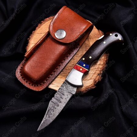 6.5″ Damascus Steel Folding/Pocket Knife – Wood Handle