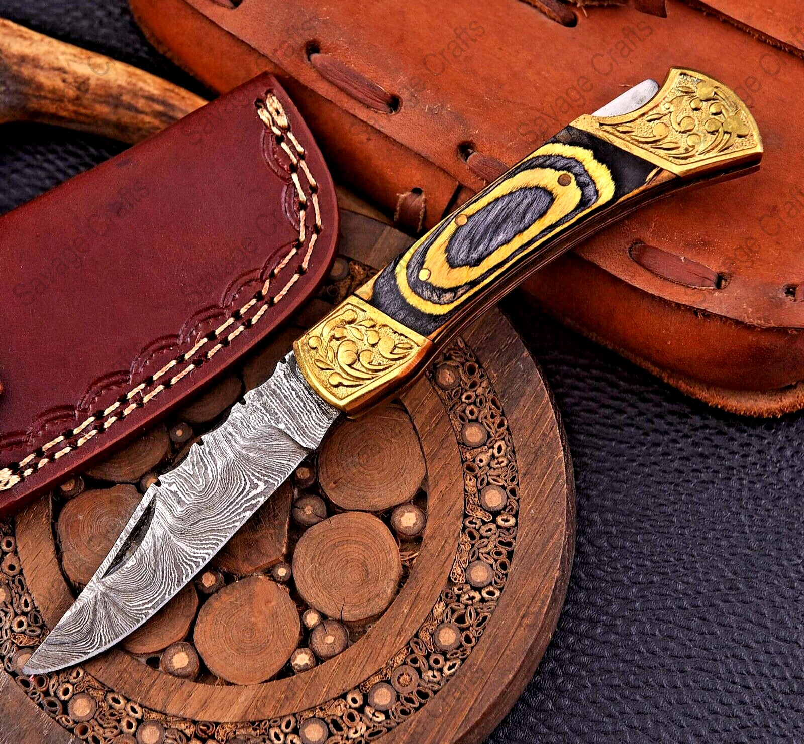7.10″ Damascus Steel Folding/Pocket Knife – Wood Handle