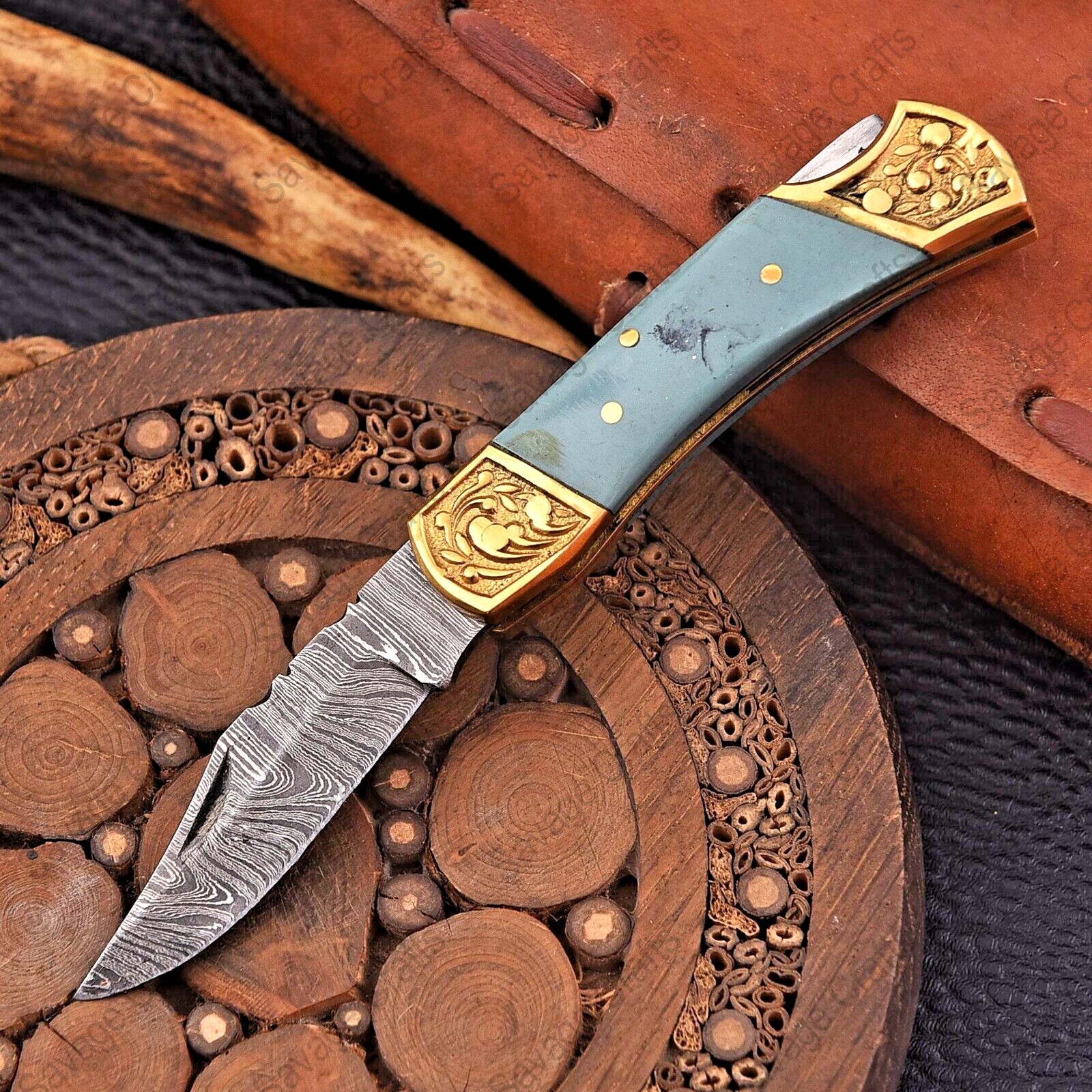 7.10″ Damascus Steel Folding/Pocket Knife – Bone Handle