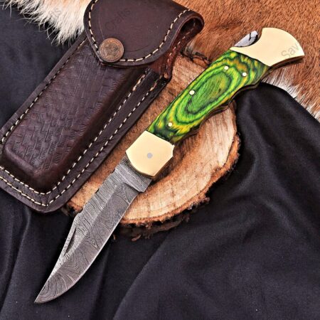 8.25″ Damascus Steel Folding/Pocket Knife – Wood Handle