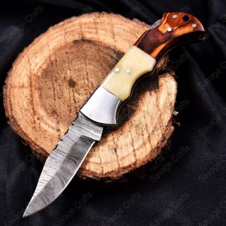 6.5″ Damascus Steel Folding/Pocket Knife – Bone & Wood