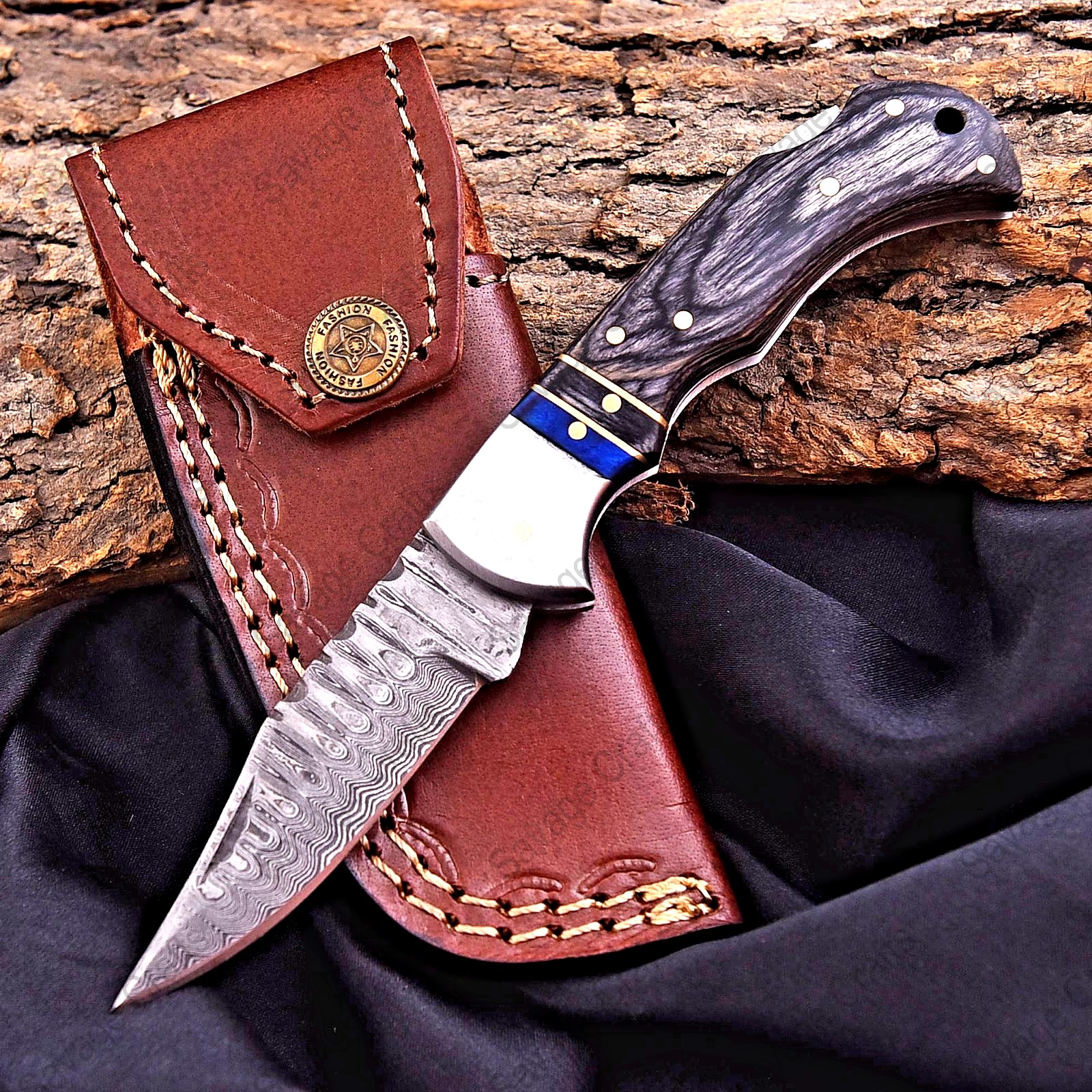 6.5″ Damascus Steel Folding/Pocket Knife – Wood Handle