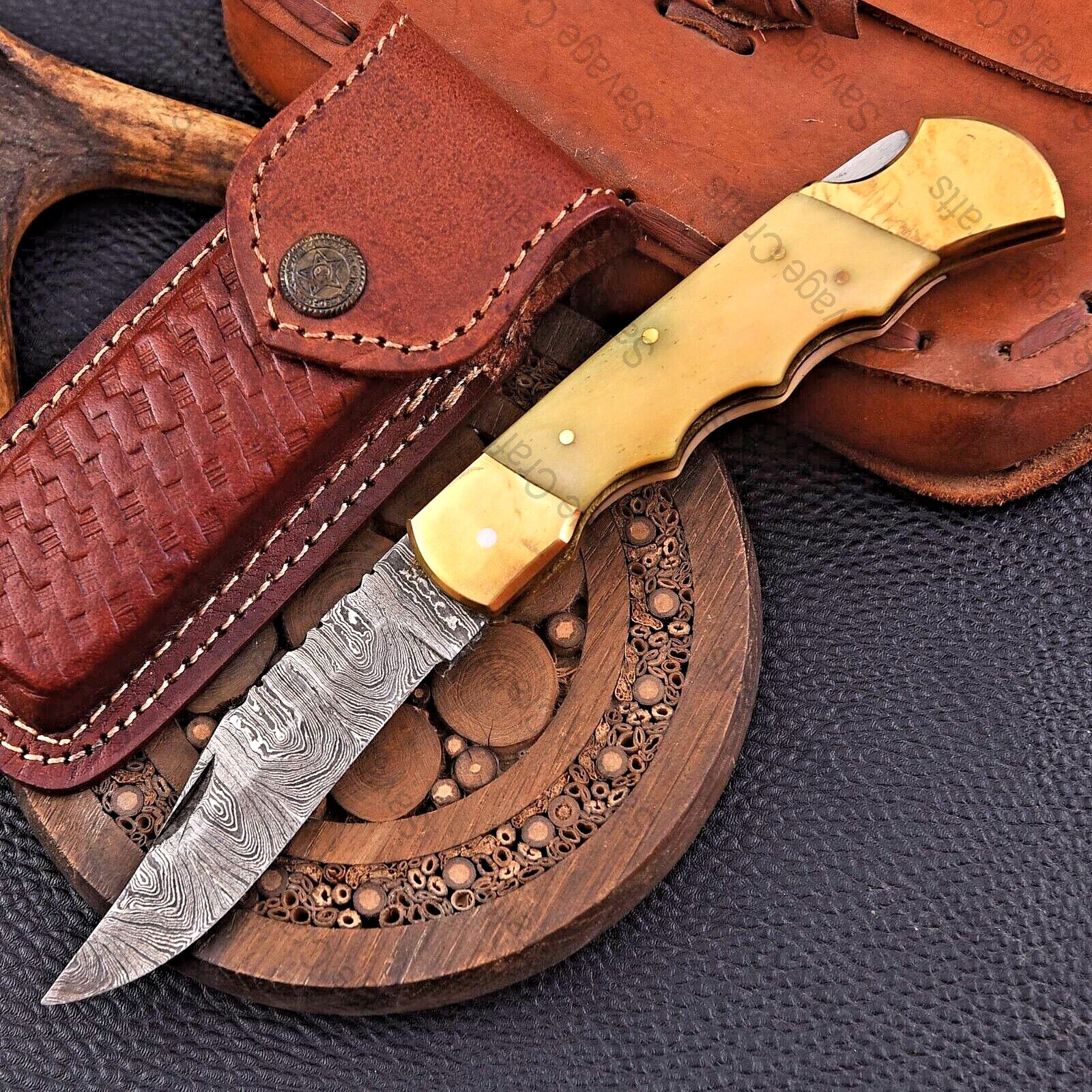 8.25″ Damascus Steel Folding/Pocket Knife – Bone Handle