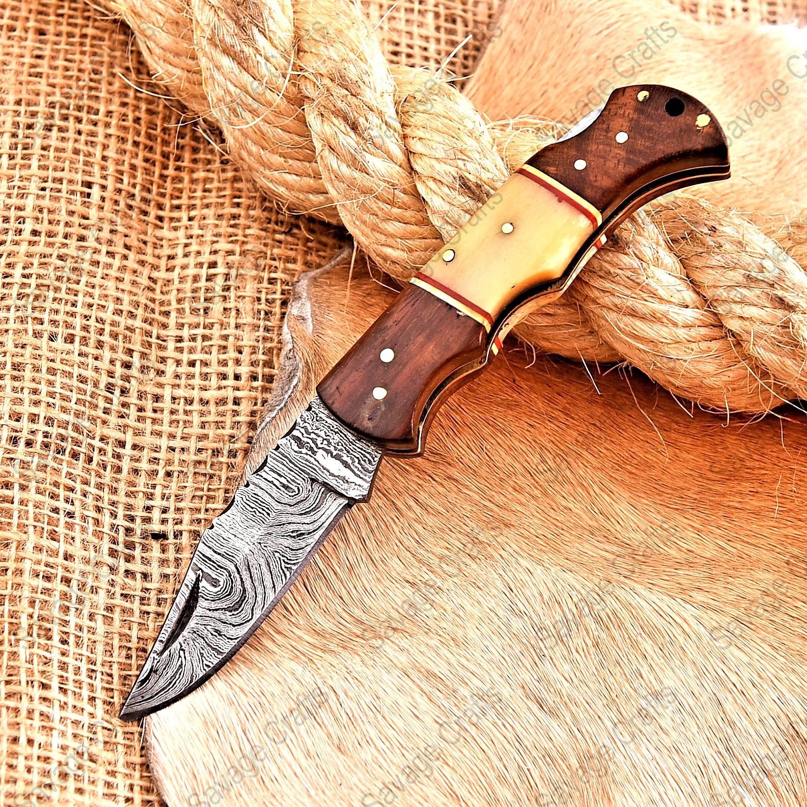 6.5″ Damascus Steel Folding/Pocket Knife – Bone & Wood