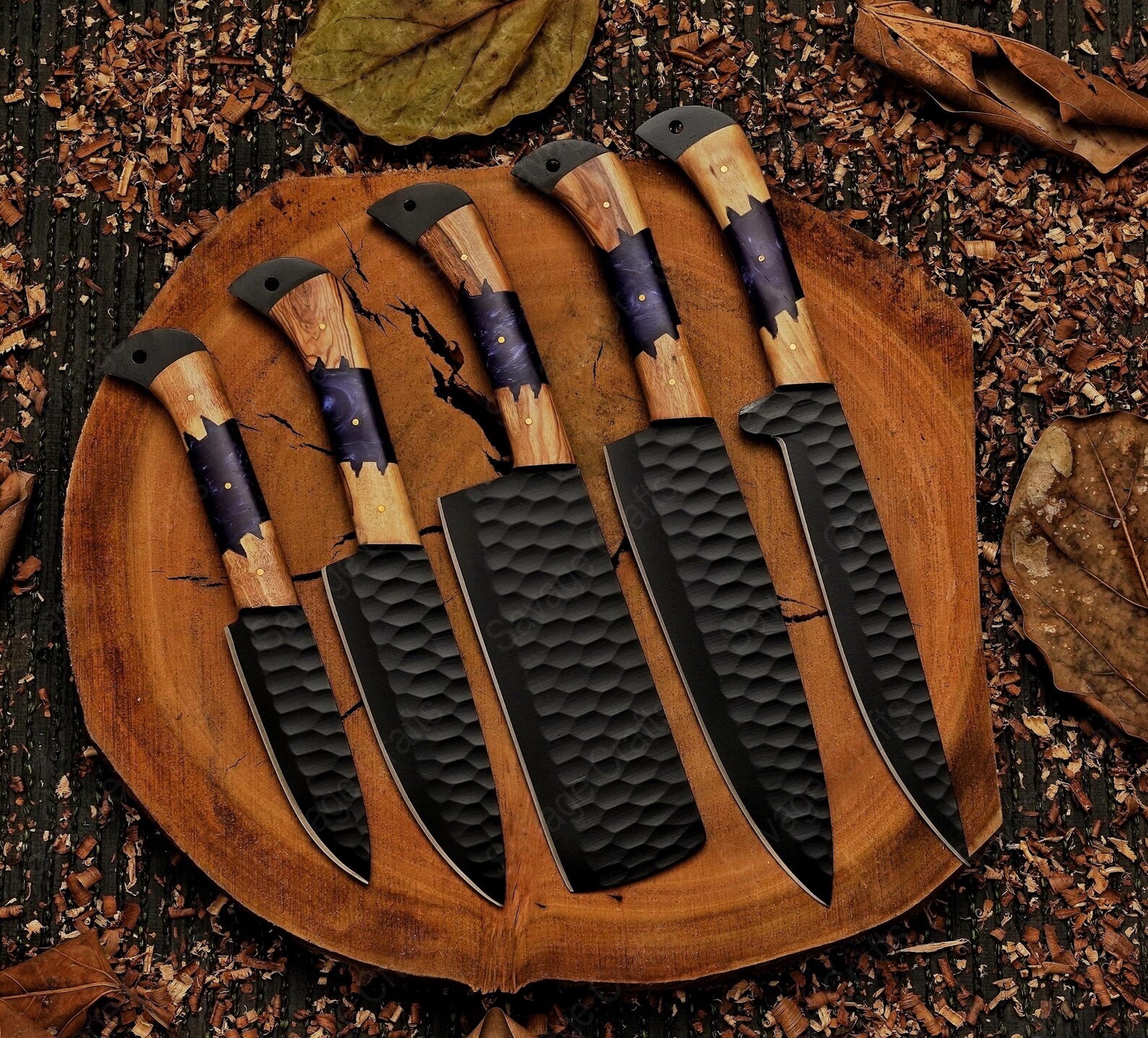 Set of 5 – Damascus Steel Chef Knife Set – Wood & Resin
