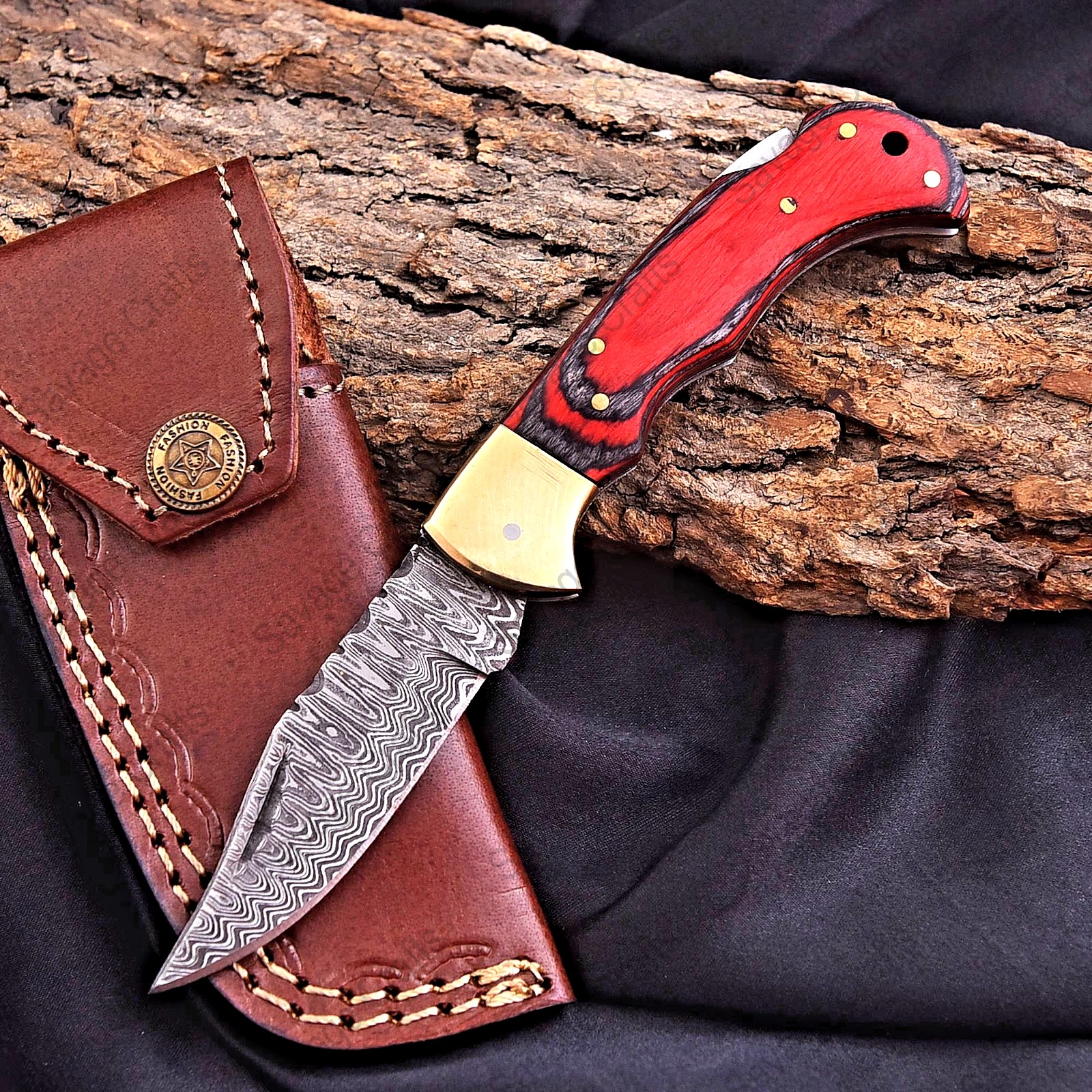 6.5″ Damascus Steel Folding/Pocket Knife – Wood Handle