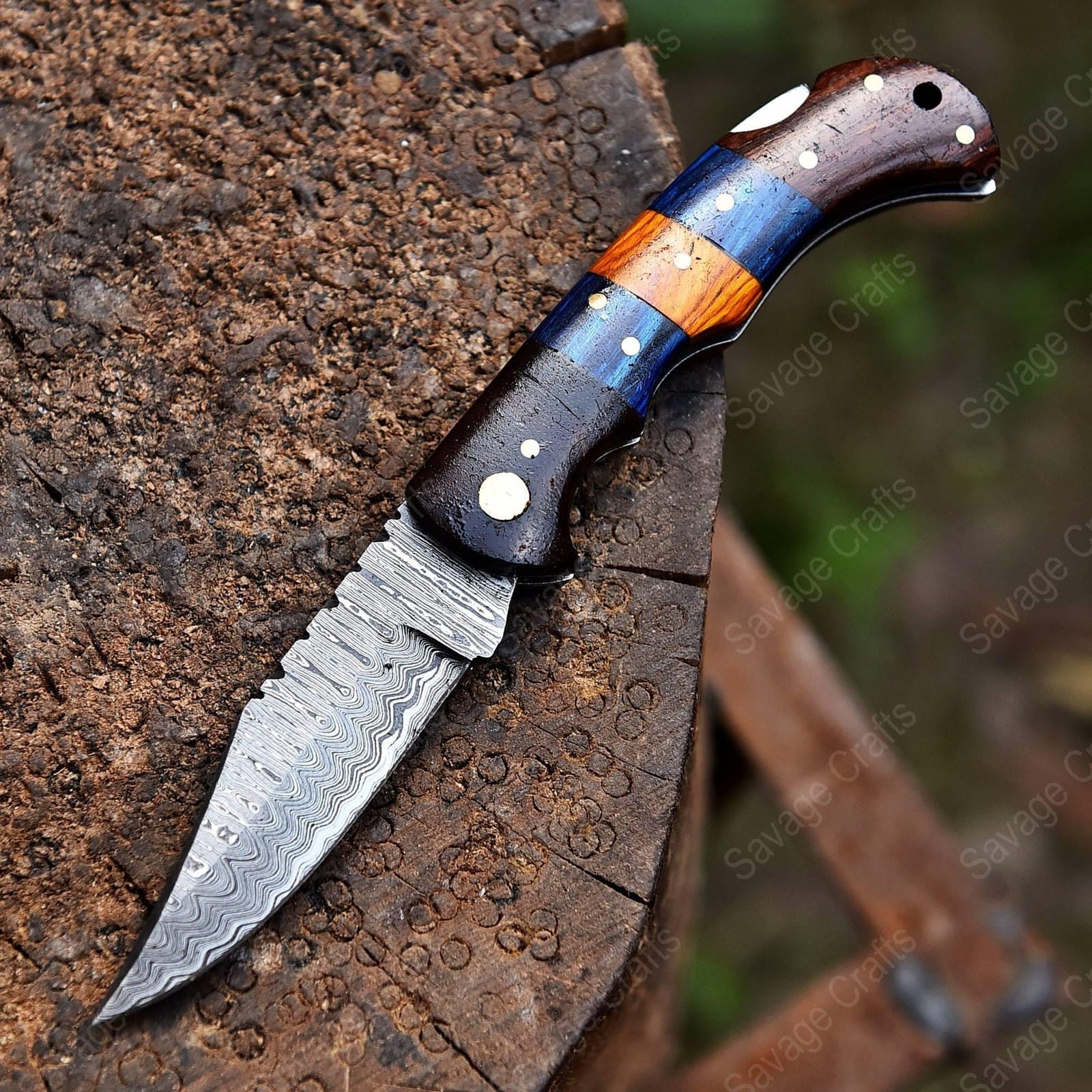 8″ Damascus Steel Folding/Pocket Knife – Wood Handle