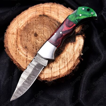 6.5″ Damascus Steel Folding/Pocket Knife – Wood Handle