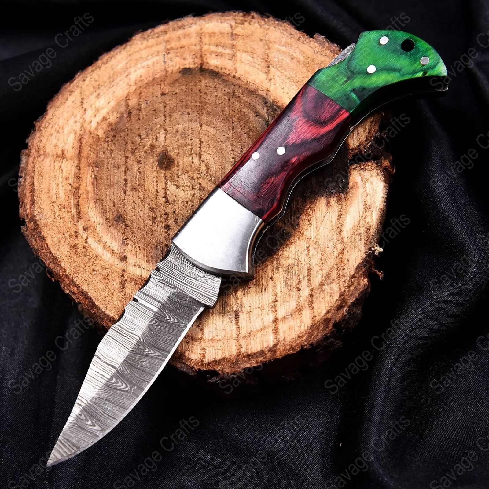 6.5″ Damascus Steel Folding/Pocket Knife – Wood Handle