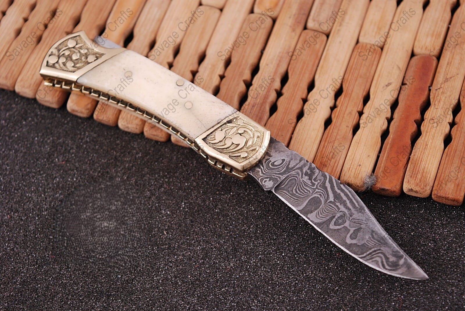 7.10″ Damascus Steel Folding/Pocket Knife – Bone Handle